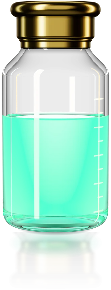 The PepVault vial: emerald liquid under a gold crimp cap, standing on a glass bench