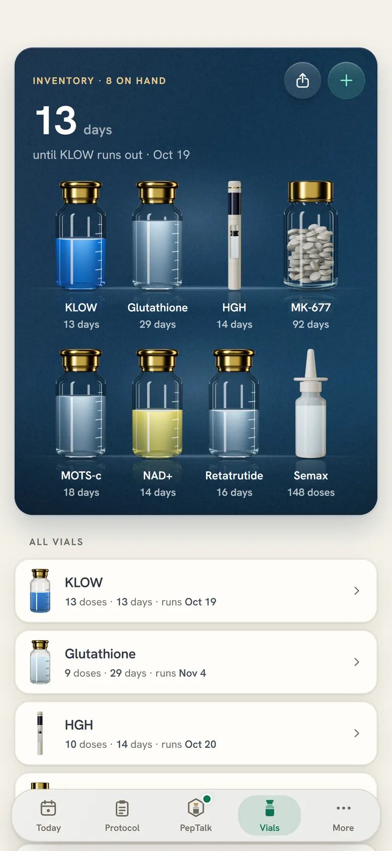 PepVault's Vials tab: each vial on a shelf with the days it has left, and a list with each vial's doses left and the date it runs out